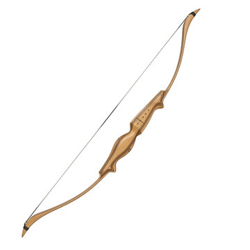 Traditional wooden longbow with string ready for archery