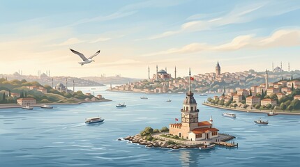 Fototapeta premium Maiden's Tower on the Bosphorus: A serene watercolor depiction of the iconic Maiden's Tower, situated on a small islet in the bustling Bosphorus strait.