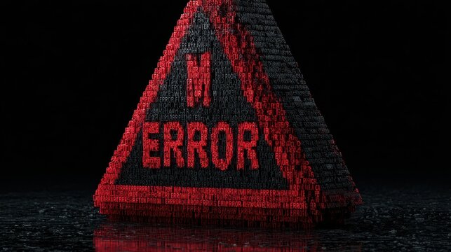 A red triangular error warning sign made of cascading digital code on a dark reflective surface.