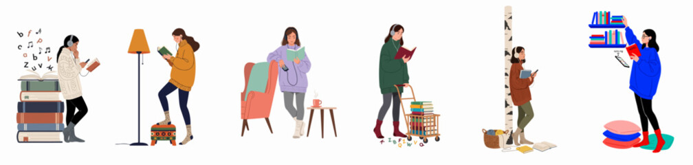 Collection of young women reading books and listening to audiobooks in cozy settings, blending traditional literature with modern technology in a flat design style. © Nurdayatt