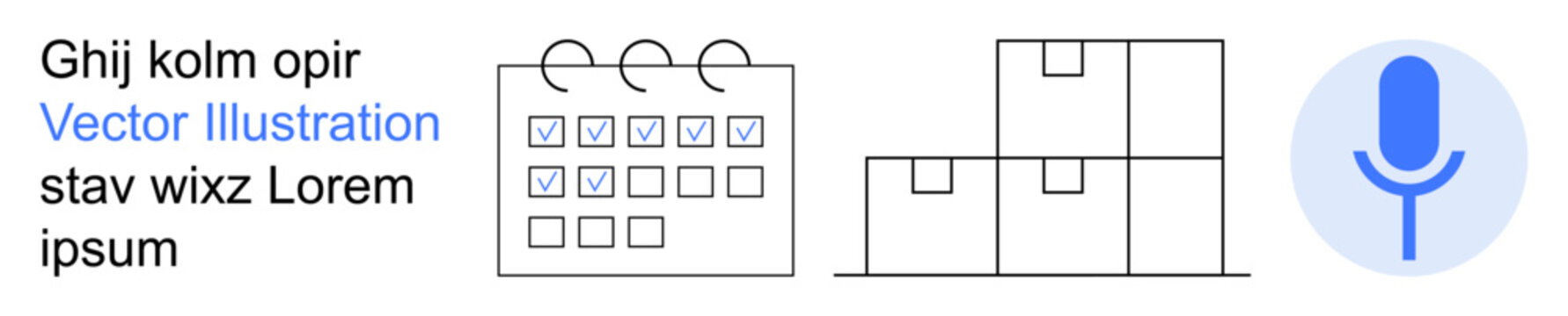Organization, productivity, planning, communication, inventory, logistics. Calendar with check marks, stacked boxes and a microphone icon. Organization and productivity concept