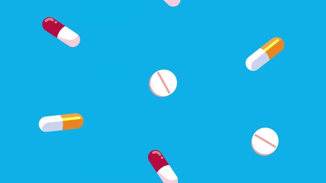 Animated pattern of various pills and capsules falling and rotating on blue background.