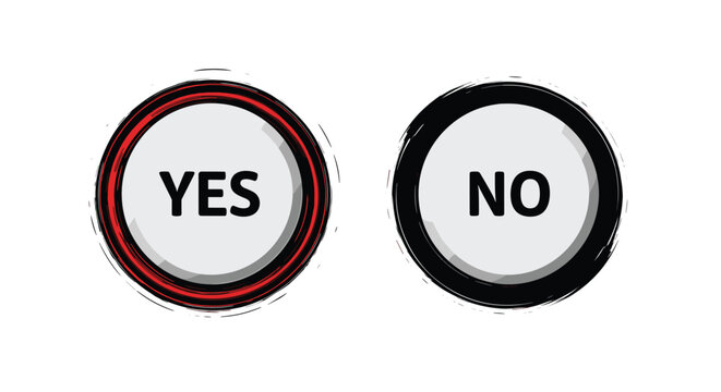 Graphic illustration features two distinct circular buttons with thick borders containing the words yes in red and no in black for choice options.