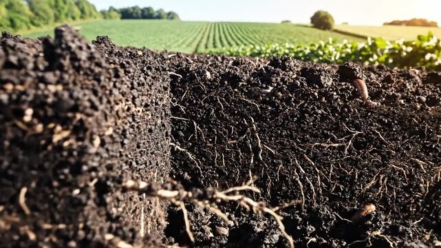 Soil crosssection showing roots and farmland, dark fertile earth exposed to reveal dense root network, mycorrhizal threads and small stones, visible earthworms and microfauna, sunlit crop rows