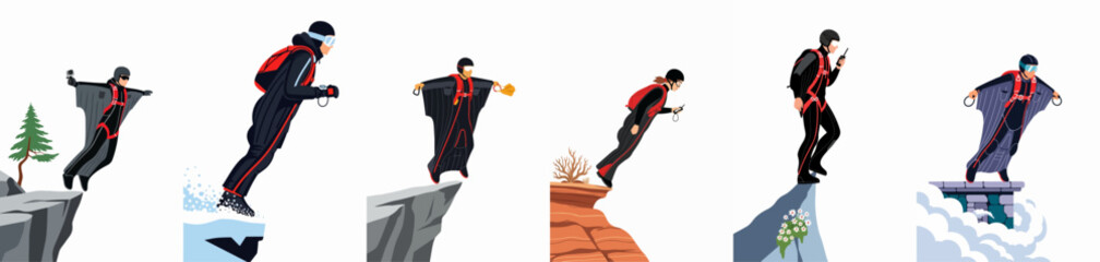 Collection of BASE jumpers and wingsuit flyers leaping from various heights including cliffs, snowy ledges, and stone platforms in a flat illustration style. © Nurdayatt