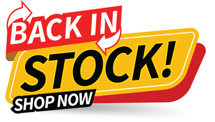 Sales banner with message. Back in stock. Promotional emblem. Buy Now offer, product or service available. Back in stock label. © AZstudio