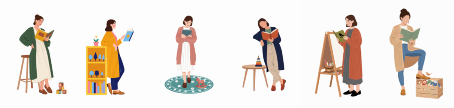 Collection of diverse female characters reading books in educational settings with toys and classroom furniture, flat vector illustration