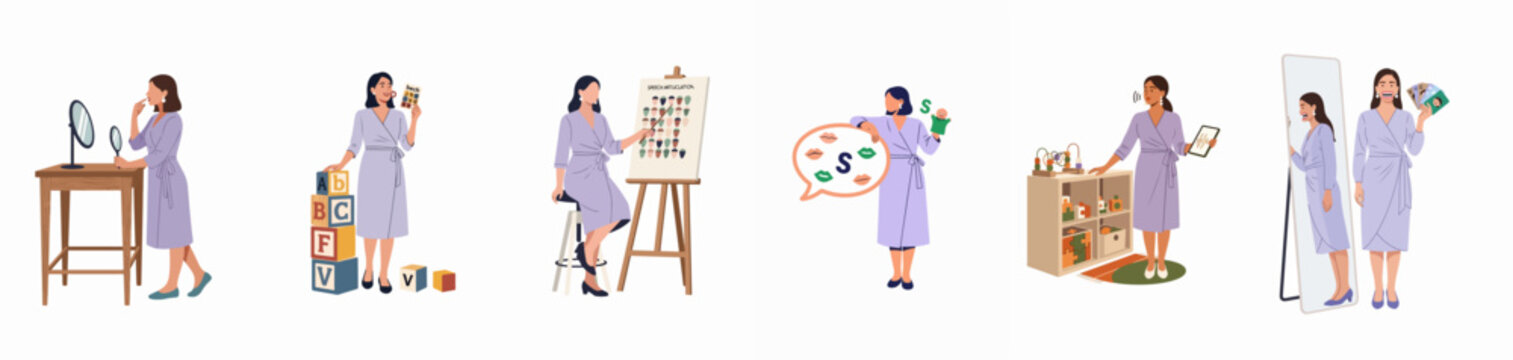 Illustrations of a professional speech therapist demonstrating various articulation exercises, phonetic tools, and speech therapy techniques for children and adults.
