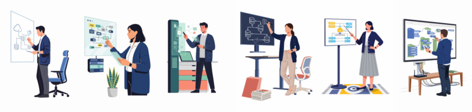 Flat vector illustrations of IT professionals designing complex system architectures, database management systems, and cloud infrastructure on interactive digital boards.