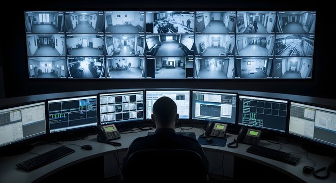 Security camera footage displaying abandoned and institutional hallway corridors