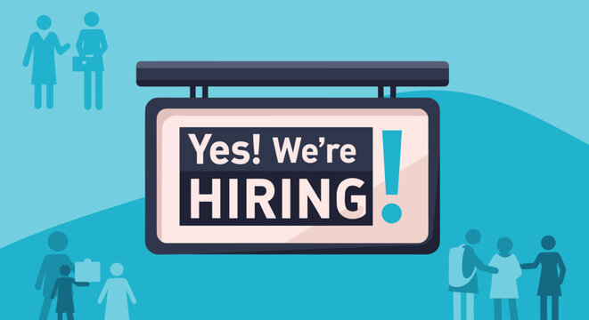 Business sign with the text yes we are hiring is surrounded by human silhouettes to announce job vacancies and recruitment opportunities.