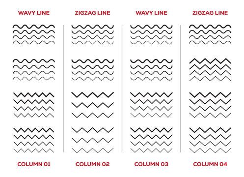 Black wave and  zigzag stoke line ornament pattern. vector wave and ripple line graphic elements in a comparison chart.  vector illustration.