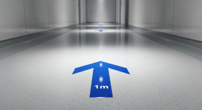 Blue 1m directional arrow sign embedded in modern antimicrobial resin flooring for guidance