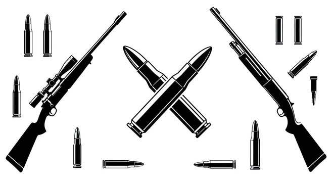 Vintage Hunting Rifles and Ammunition Set - Black and White Silhouette