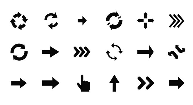 Collection of various black arrow icons and navigation symbols in different shapes and styles for web design and user interface applications.