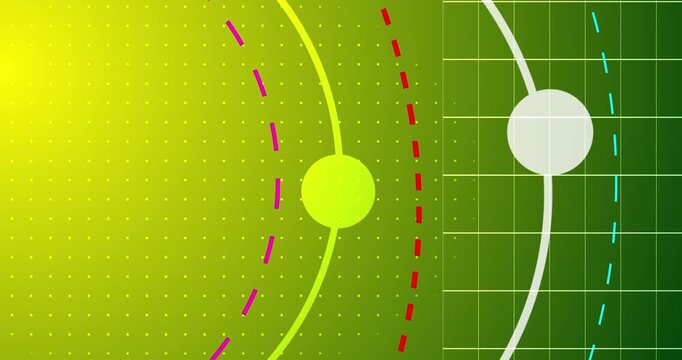 Circle main wireframe with solid cirlces moving and a dotted grid in background. Tunnel snapshot with multiple colorful rings moving inside it. Contemporary soothing and relaxing bg. Geometric stripes