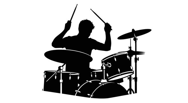 Silhouette of a drummer playing a drum set with drumsticks
