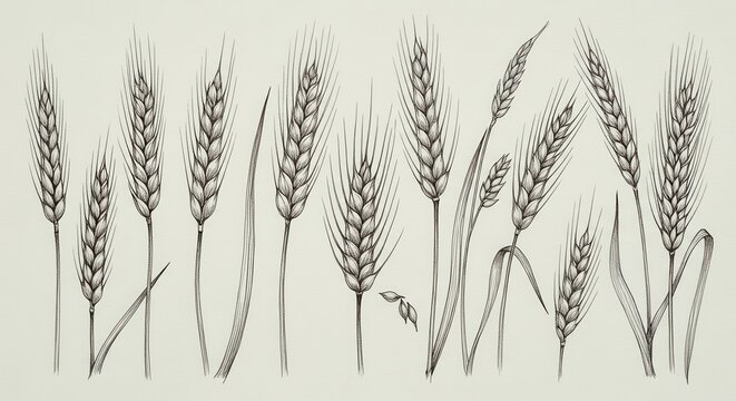 Fine detailed ink sketches of wheat stalks and ears, showcasing agricultural abundance and natural textures