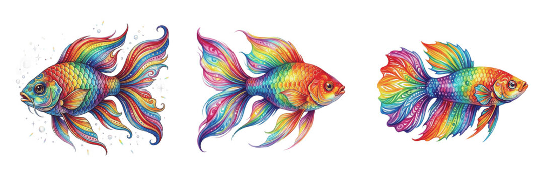 Exotic Rainbow Betta Fish with Long Fins, Colorful Siamese Fighting Fish, Tropical Aquarium Wildlife, Isolated High Quality PNG Clipart