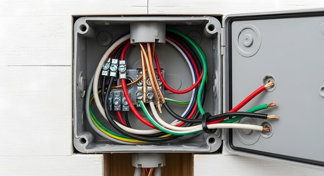Residential electrical wiring and junction box connections visible