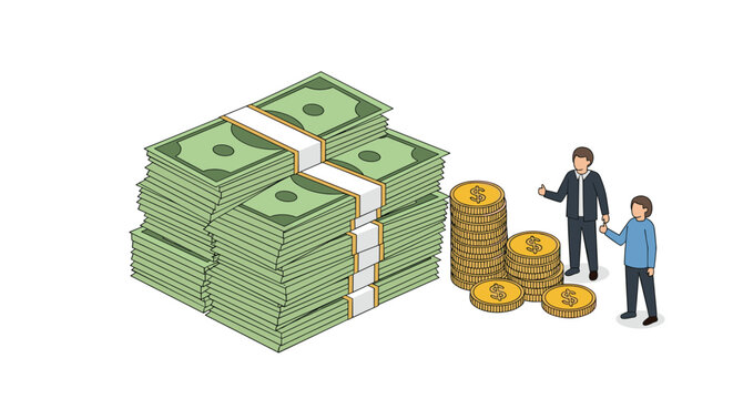 Isometric illustration featuring a large stack of hundred dollar bills alongside small stacks of gold coins and two businessmen.