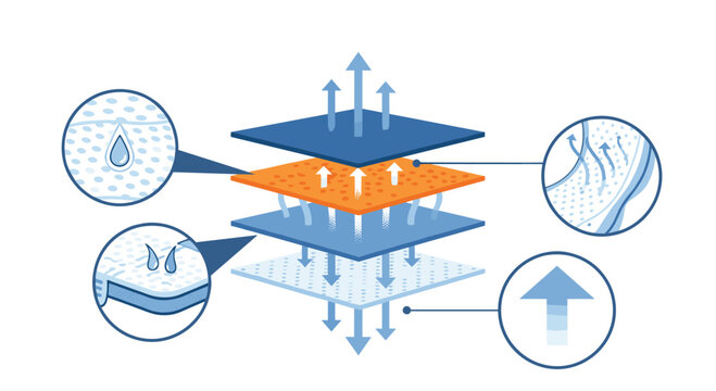 Technical diagram illustrating the structure of breathable waterproof fabric with air and moisture flow layers.