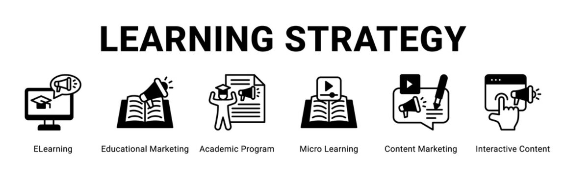 Learning Strategy web banner icon concept,  with ELearning, Educational Marketing, Academic Program, Micro Learning, Content Marketing, Interactive Content.