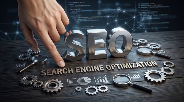 SEO Optimization Strategy: A close-up of a hand pointing at large metallic letters spelling SEO, surrounded by magnifying glasses, gears, charts, and graphs.