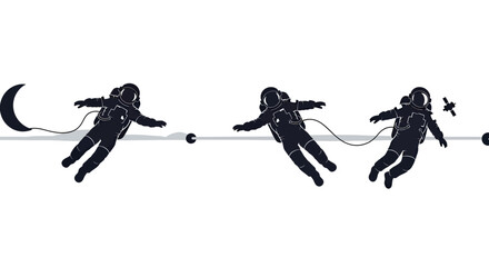 Silhouetted astronauts float in space, tethered to a line with moon and satellite © Sendal