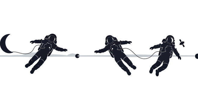 Silhouetted astronauts float in space, tethered to a line with moon and satellite