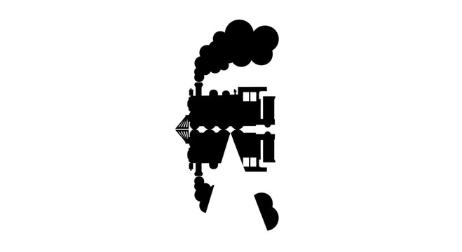 Black silhouette of a steam train with billowing smoke, reflected in water