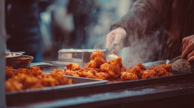 Crispy Fried Chicken Being Served from Street Vendor Stall with Steam Rising in a Bustling Urban Environment