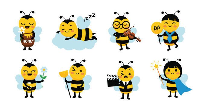 Set of adorable cartoon honey bee characters in various poses such as playing the violin and wearing a superhero cape for children.