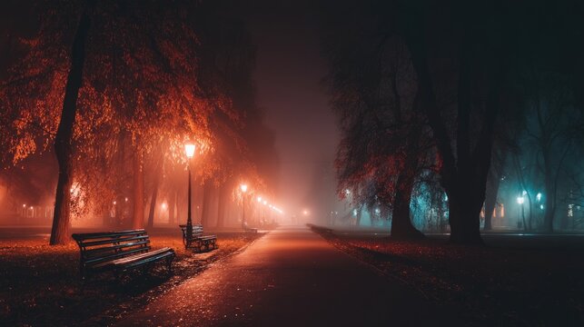 Misty Night Walk in Autumn Park with Benches and Street Lamps Illuminated by Warm Glow in a Serene and Quiet Atmosphere