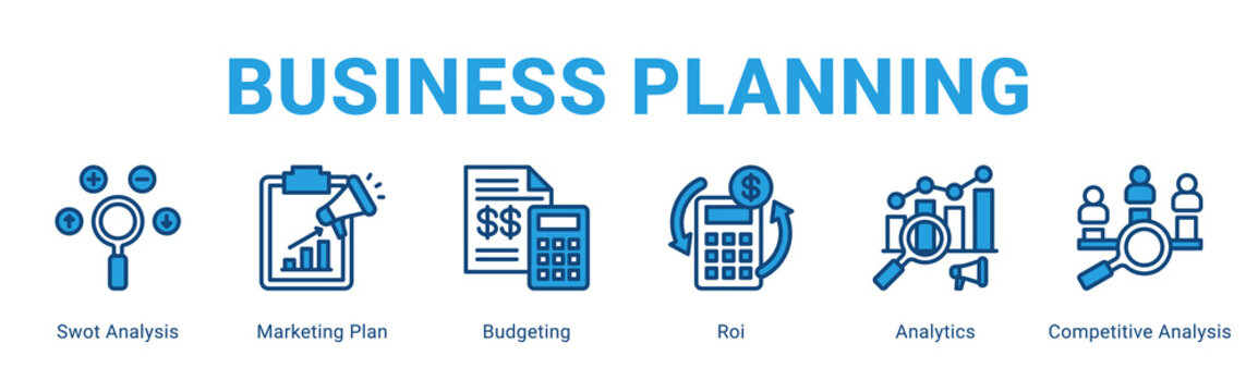 Business Planning web banner icon concept,  with Swot Analysis, Marketing Plan, Budgeting, Roi, Analytics, Competitive Analysi.