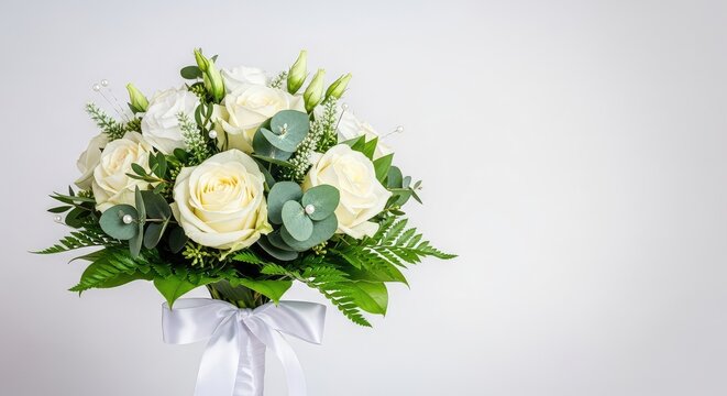 Hermoso ramo nupcial con rosas blancas en plena floraci&oacute;n, follaje verde natural y detalles elegantes, ideal para celebraciones de bodas, bot&aacute;nica, rom&aacute;ntico, belleza