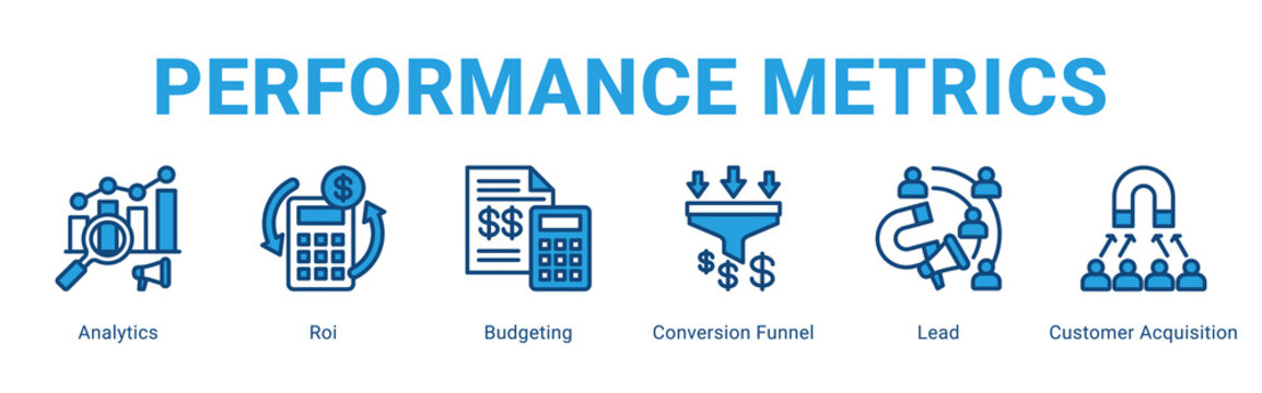 Performance Metrics web banner icon concept,  with Analytics, Roi, Budgeting, Conversion Funnel, Lead, Custome.