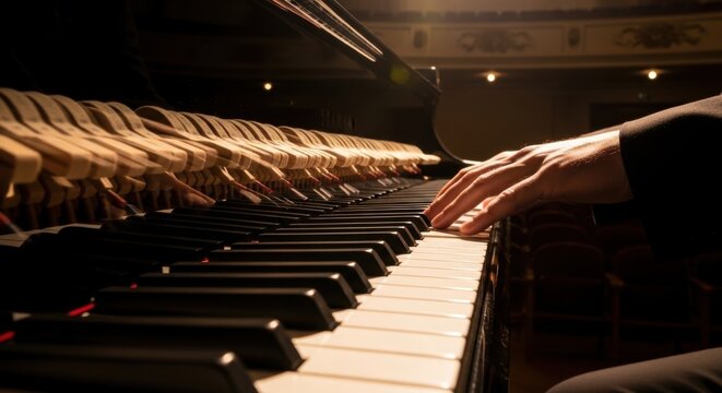 Musician's hands gracefully playing the black and white keys of a grand piano during a performance