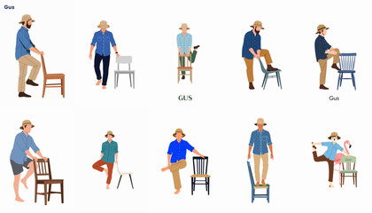 Fototapeta premium Set of flat vector illustrations of a character named Gus in various poses with different chairs, featuring a bucket hat and casual wear.