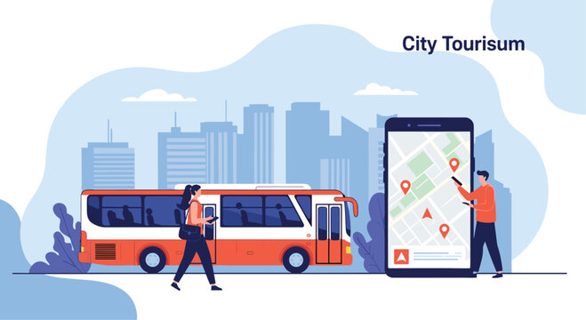 Modern city tourism concept illustration featuring a bus, tourists, and a large smartphone displaying a navigation map for travel planning.