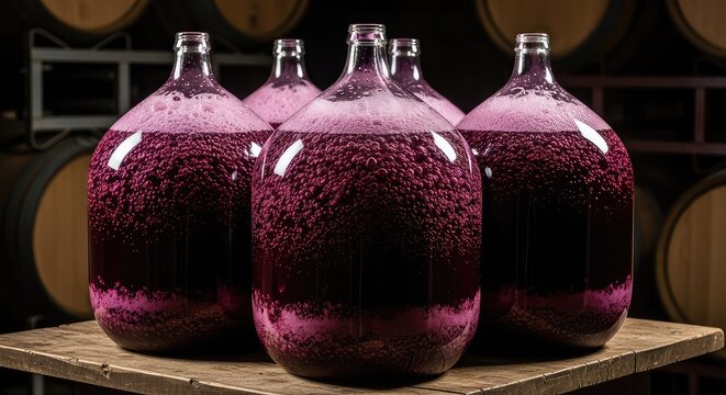 Large glass demijohns filled with dark purple fermenting grape juice, showing active bubbles and natural sediment in a rustic cellar, craft, traditional, alcohol