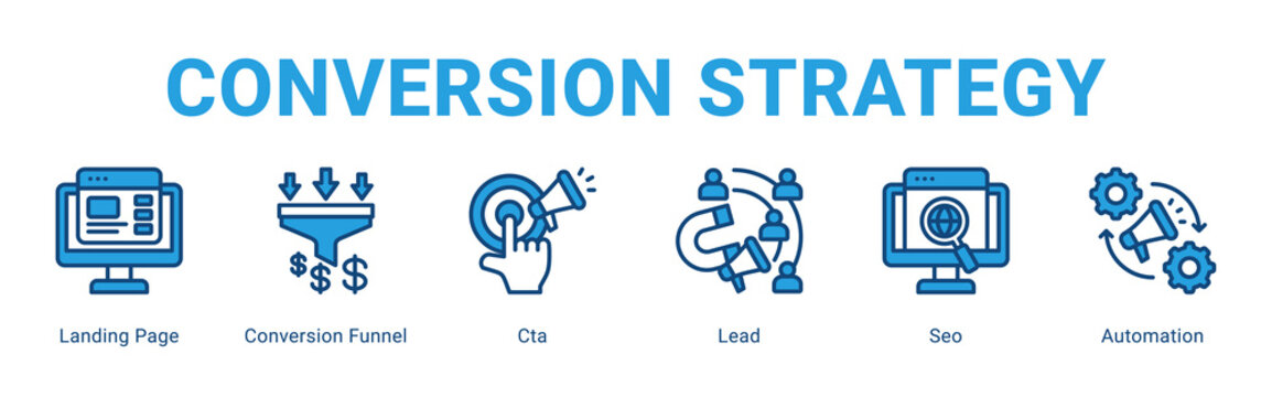 Conversion Strategy web banner icon concept,  with Landing Page, Conversion Funnel, Cta, Lead, Seo, Au.