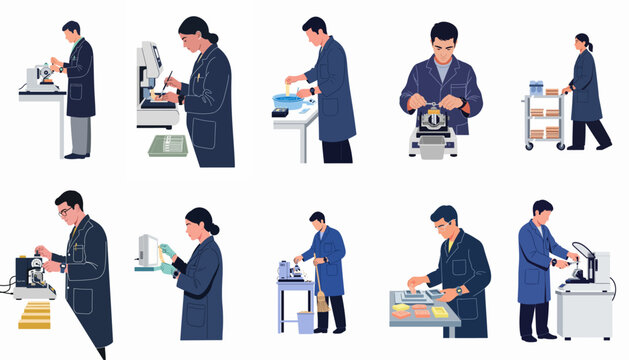 Vector illustration set of laboratory technicians and scientists performing various tasks in a histology or pathology lab environment.