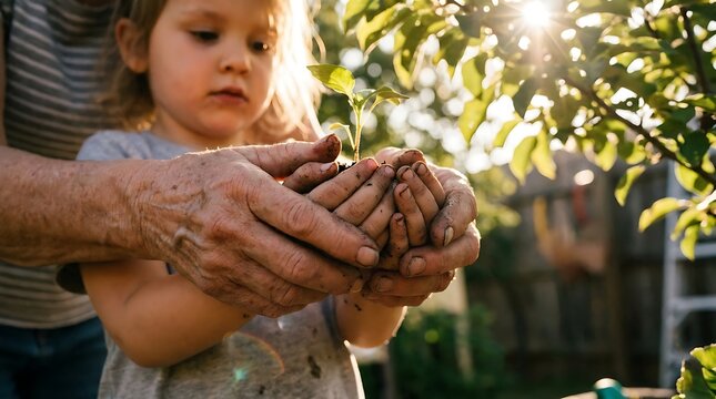 Generational Teaching Hands of Grandmother and Grandchild Planting in Soil, planting seedling, generational gardening, hands in soil, grandmother teaching