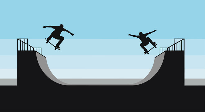 Two silhouetted figures perform aerial skateboard tricks over a ramp
