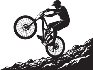 Fototapeta premium Mountain biker, black silhouette, performing stunt, on rocky terrain, vector illustration