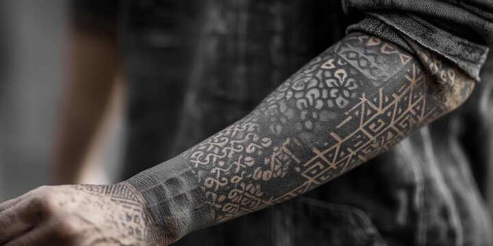 Close-up of a persons arm with intricate black and brown tattoos, showcasing detailed patterns and designs.