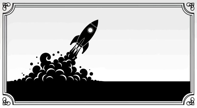 A stylized rocket blasts off into a sky filled with smoke and bubbles