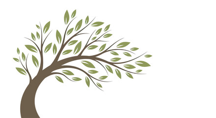A stylized brown tree trunk curves upwards with delicate green leaves on thin branches © Sendal