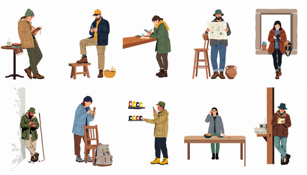 Set of diverse flat illustrations of people engaged in travel, journaling, photography, and creative exploration activities in an earthy, outdoor lifestyle theme.